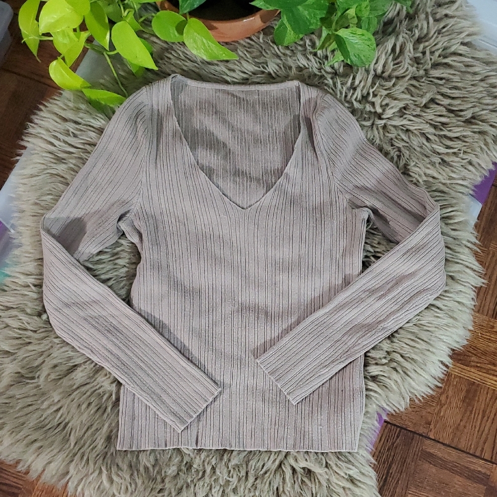 Ribbed V-Neck Long Sleeve Sweater